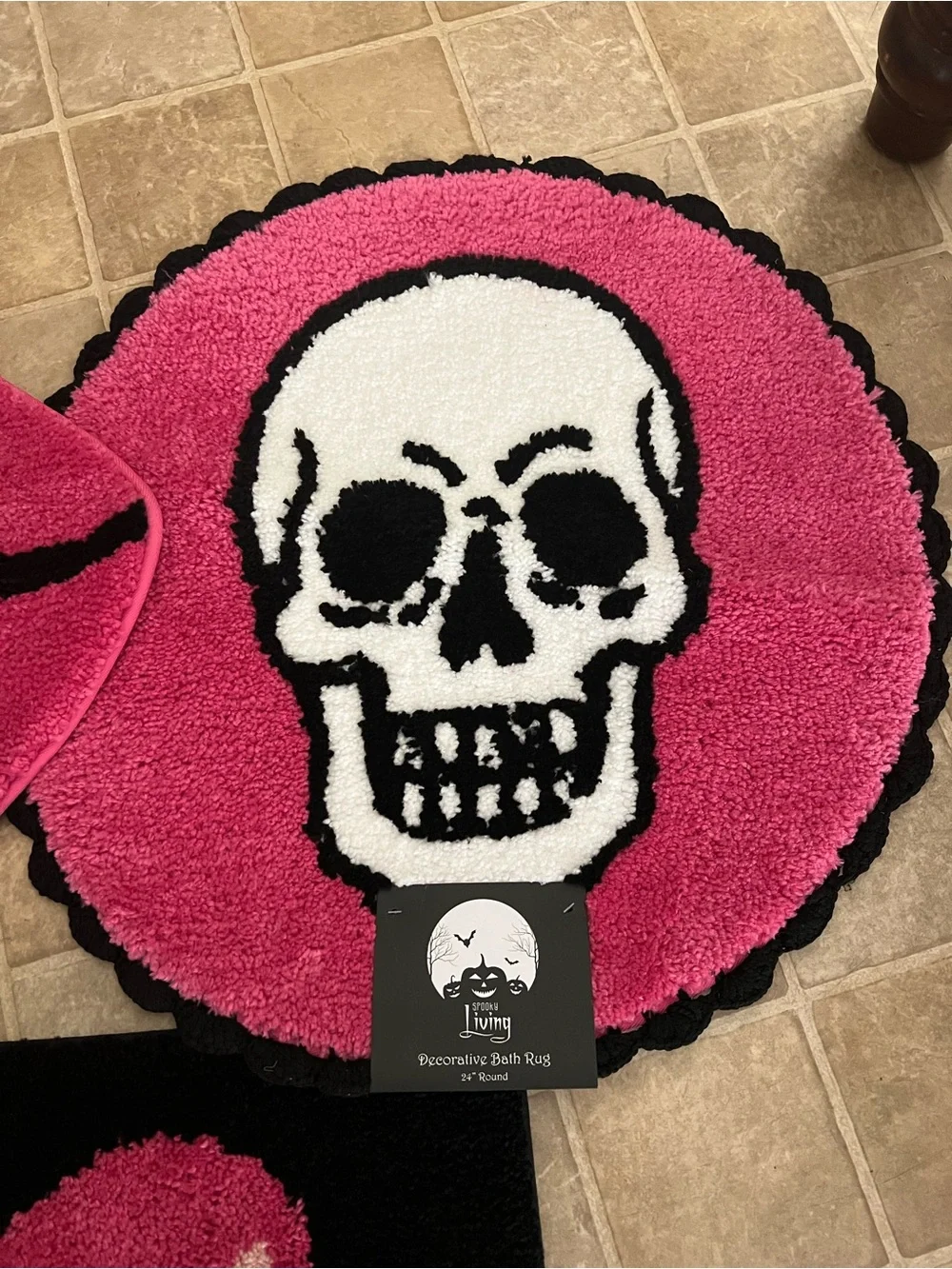 Gothic Pink & Black Skull & Bow, Skeleton & Vampire Lips 3pc Halloween Bath Rugs